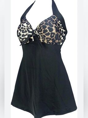 COCOSHIP Women 12 Black Leopard Halter Swimdress W/Shorts Twist Front Retro New